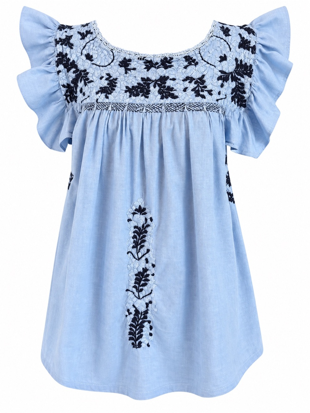 Mi Golondrina Mexico Blue Embroidered Blouse S Floral Ruffle Sleeve Artisan